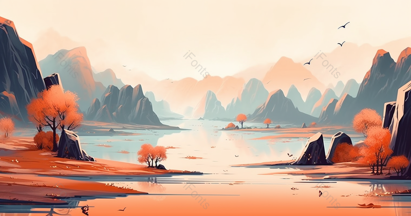 秋季山林湖泊中国风背景,插画/手绘图,插画/手绘图库,插画/手绘图下载,插画/手绘